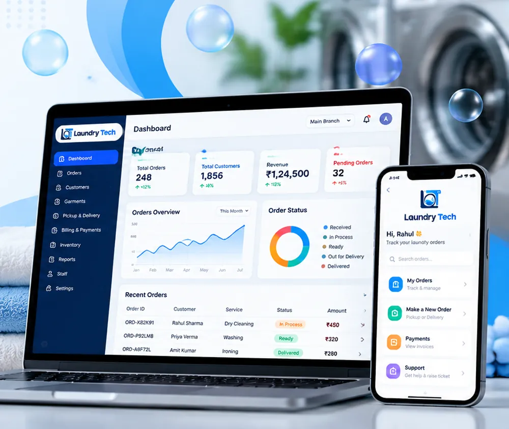 लैपटॉप पर Laundry Tech डैशबोर्ड और फ़ोन पर ग्राहक ऐप